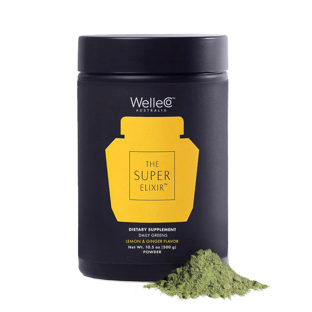 WelleCo The Super Elixir dietary supplement container with green powder on a white background