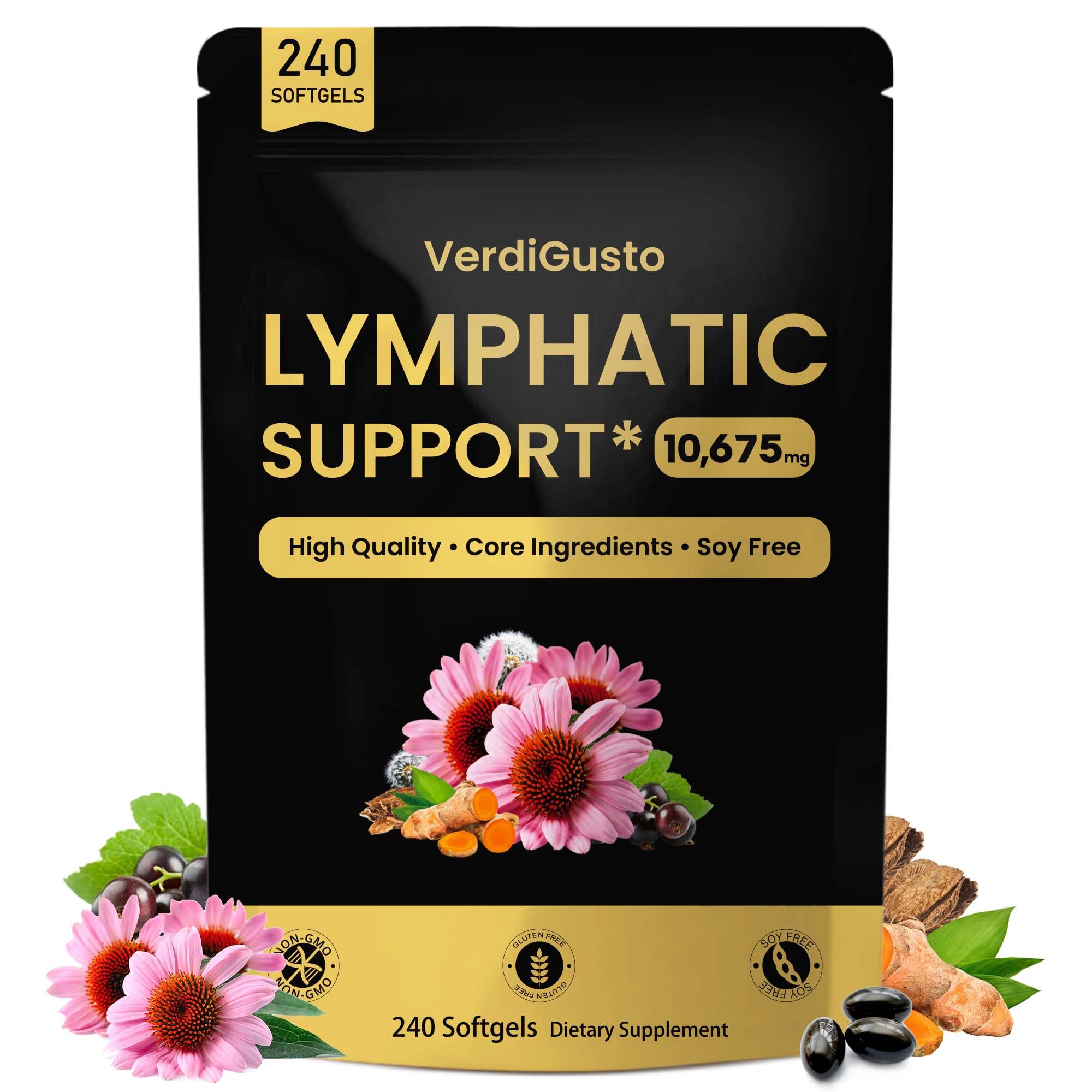 VerdiGusto 10,675mg Lymphatic Supplement | 25-in-1 Blend with Echinacea, Elderberry, Dandelion | 240 Softgels, 80 Day Supply | Lymph System Support | Soy Free, Non-GMO, Gluten Free VerdiGusto buy supplements Au