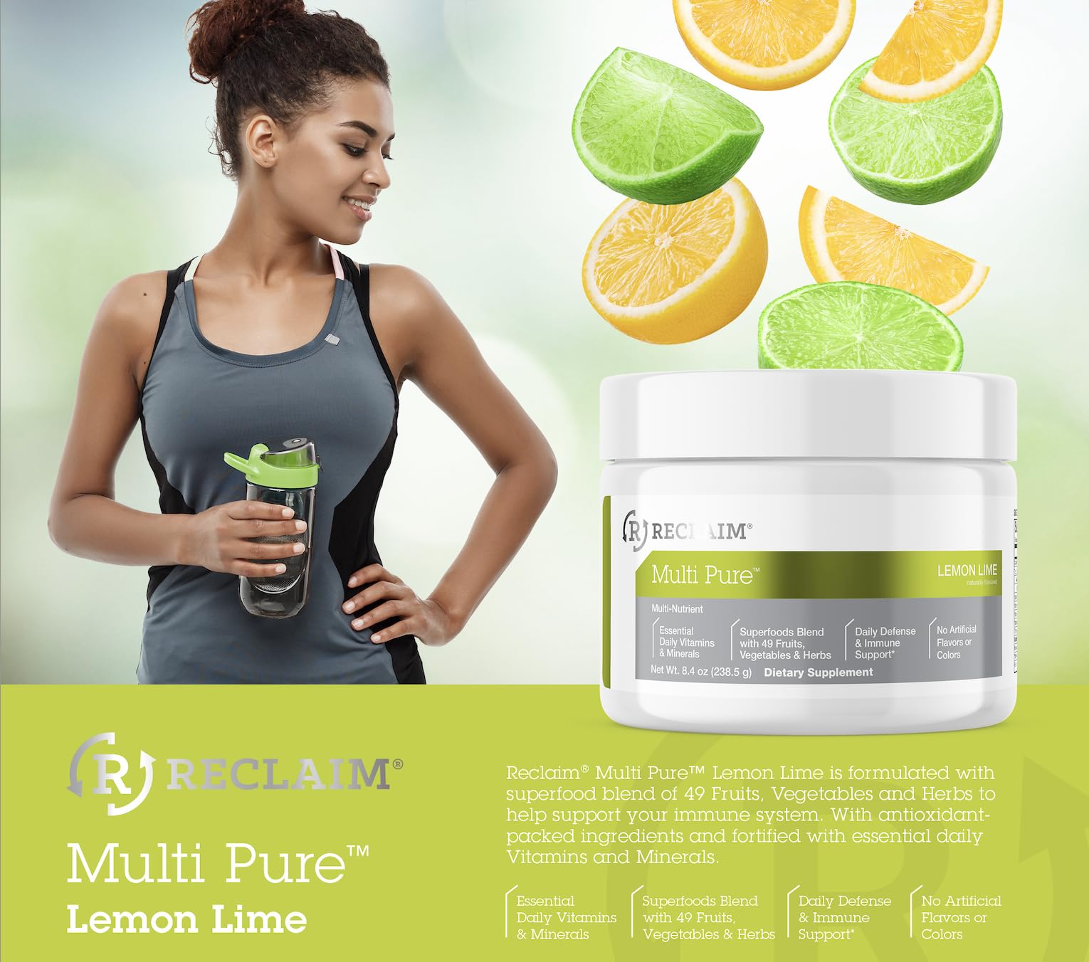 Reclaim Multi Pure Lemon Lime, Immune Support, Vitamin C, Vitamin B Complex, Probiotic, Superfood Powder, Calcium, Magnesium Oxide, (30 Servings) (Lemon Lime) Complete NutritionBuy Supplements Australia