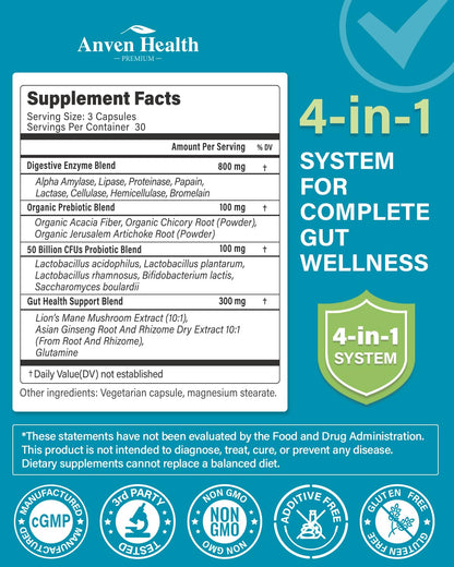 Anven Health 800mg Digestive Enzymes for Men and Women with Probiotics & Prebiotics, 8 Key Enzymes, Protease, Amylase & Lipase | 270 Capsules - A 90-Day Supply