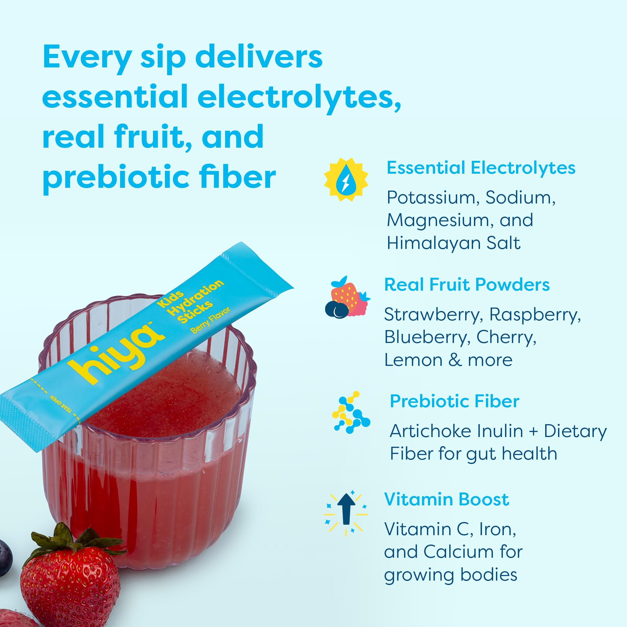 Hiya Kids Hydration with Electrolytes - Zero Added Sugar Berry Flavored Kids Hydration Packets - 15 Sticks - Travel-Friendly Drink Mix for Children Ages 2+ HIYABuy Supplements Australia