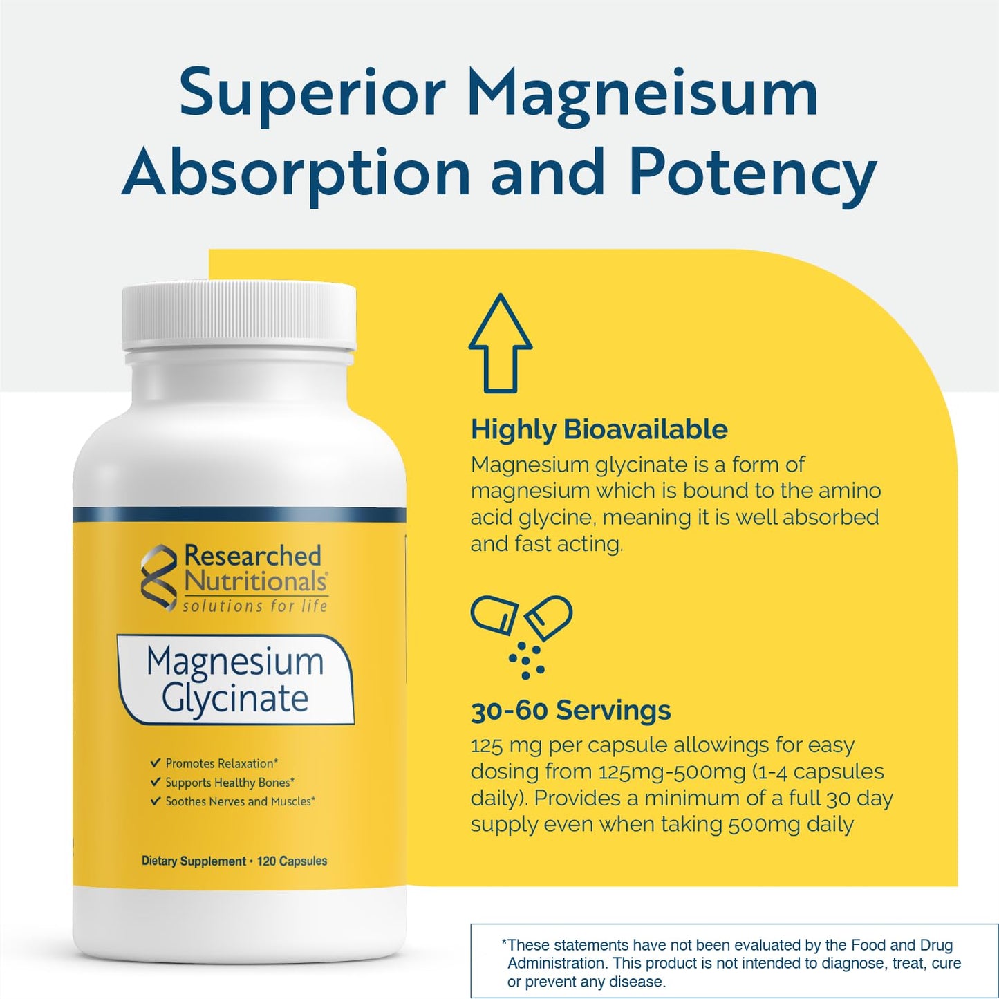 Researched Nutritionals Magnesium Glycinate Capsules - 125mg High Absorption Magnesium Glycinate Supplement to Support Healthy Bones and Energy Production - Vegan & Non-GMO (120 Capsules) Researched Nutritionals buy supplements Au