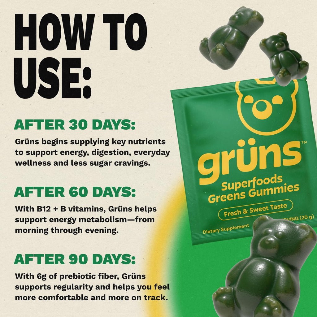 Gruns Adult Super Greens Multivitamin Gummies, Superfood Gummy Vitamins for Women and Men with Spirulina, Chlorella, Adaptogens & Prebiotic Fiber for Digestive Health (28 Count) GrünsBuy Supplements Australia