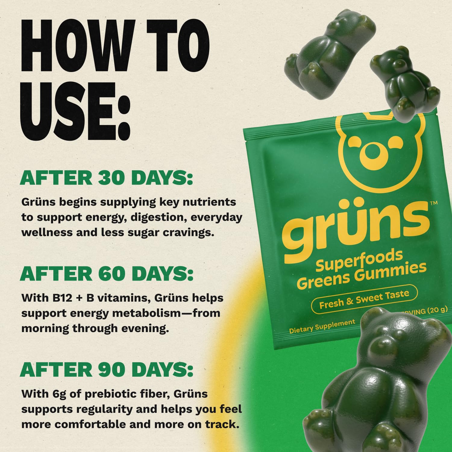 Gruns Adult Super Greens Multivitamin Gummies, Superfood Gummy Vitamins for Women and Men with Spirulina, Chlorella, Adaptogens & Prebiotic Fiber for Digestive Health (28 Count) GrünsBuy Supplements Australia