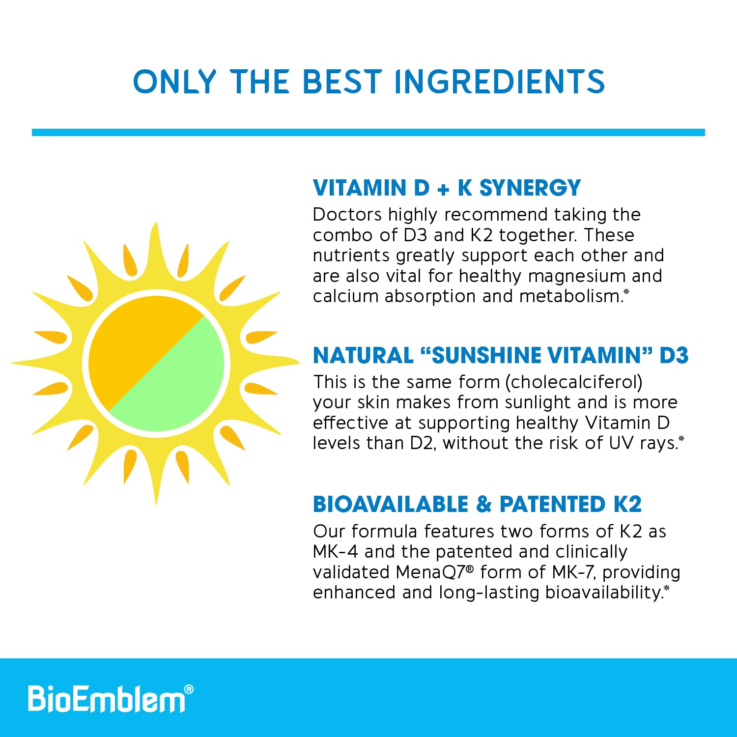 BioEmblem Vitamin D3 K2 Capsules (5000IU and 200mcg) - Patented MK7 and MK4 for 3-in-1 Complex Support - Vegetarian Vitamin D K2 Supplement for Teeth, Heart, Immune System - Non-GMO, 90 Caps BioEmblem buy supplements Au