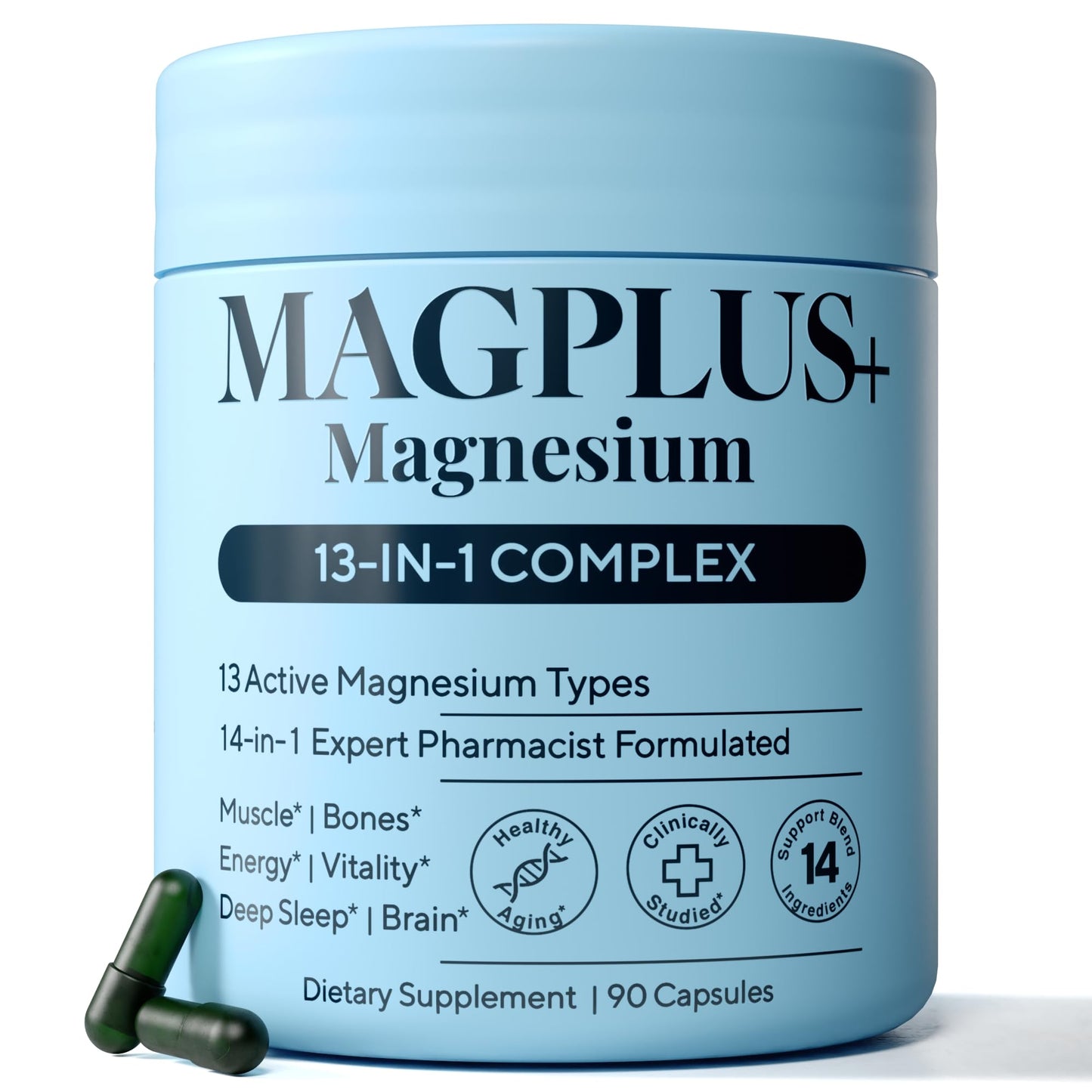 Blue container of Magplus Magnesium supplement with capsules on a white background
