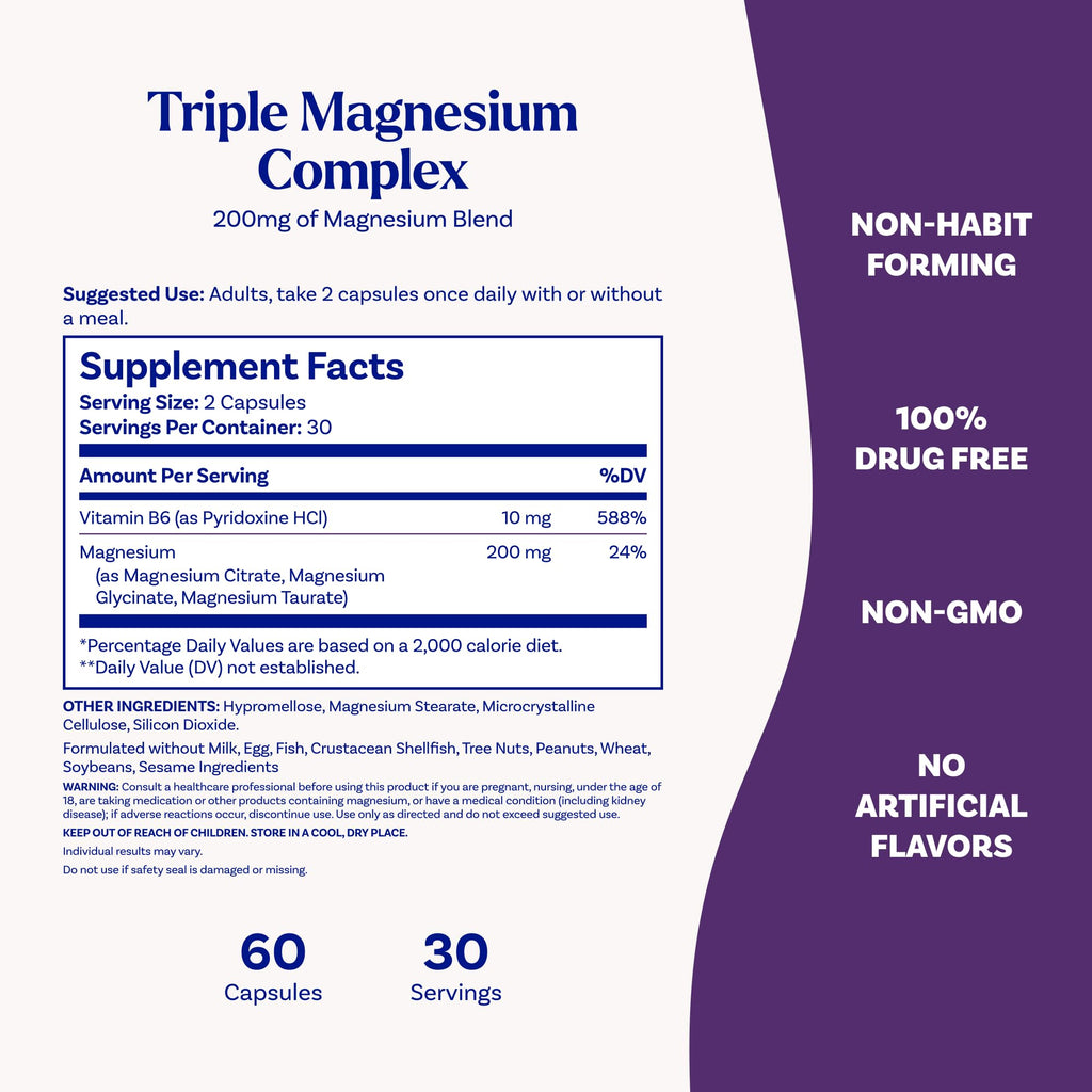 Natrol Triple Magnesium Complex Supplement, Glycinate, Citrate & Taurate 200mg High Absorption, Support Whole Body Wellness, 60 Capsules Natrol buy supplements Au