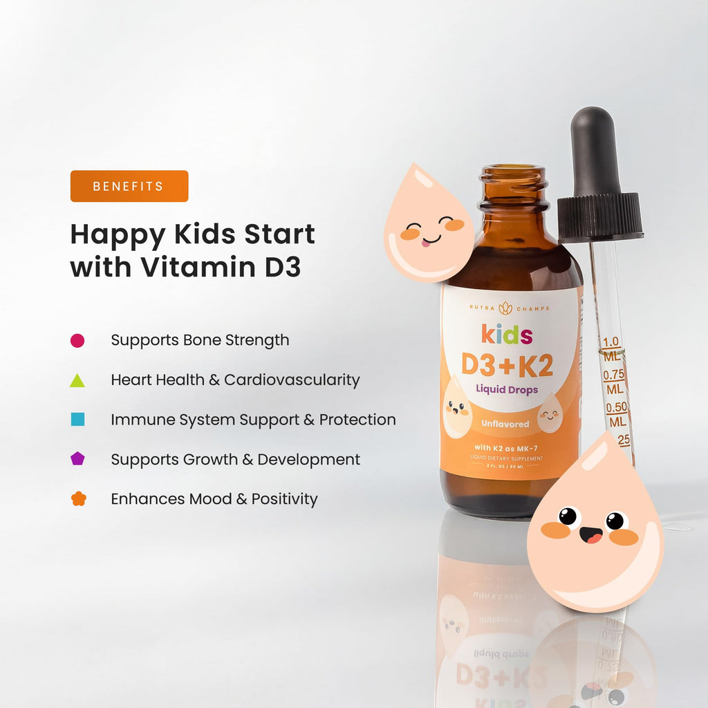 NutraChamps Kids Vitamin D 3 K2 Drops, Vitamin D3 & K2 MK-7, Liquid Vitamin D for Kids 1000 IU, Healthy Bones, Heart & Immune System,
