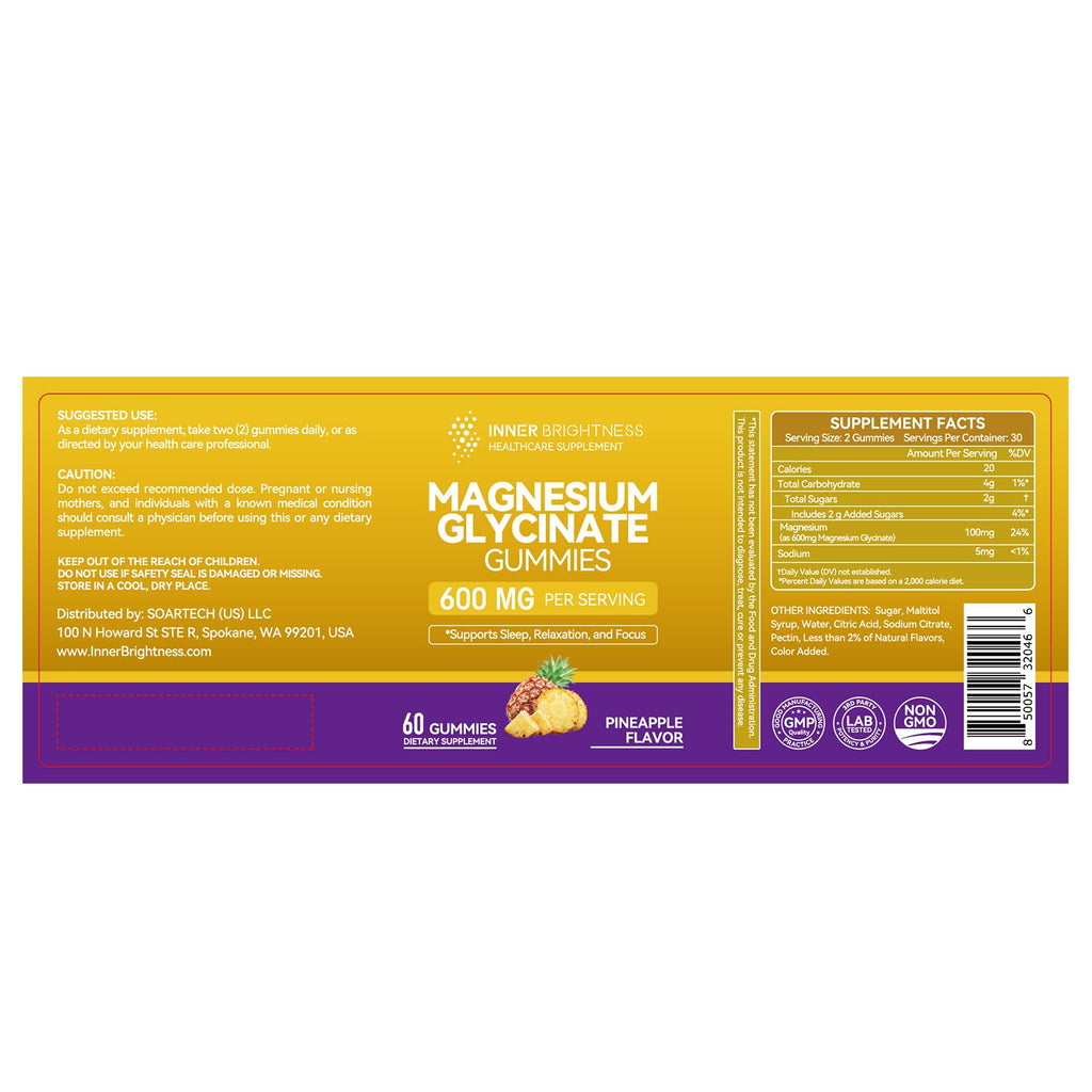 Magnesium Glycinate Gummies 600mg, Non-GMO, Gluten-Free, Magnesium Gummies for Adults & Kids, Sleep, Relaxation & Focus