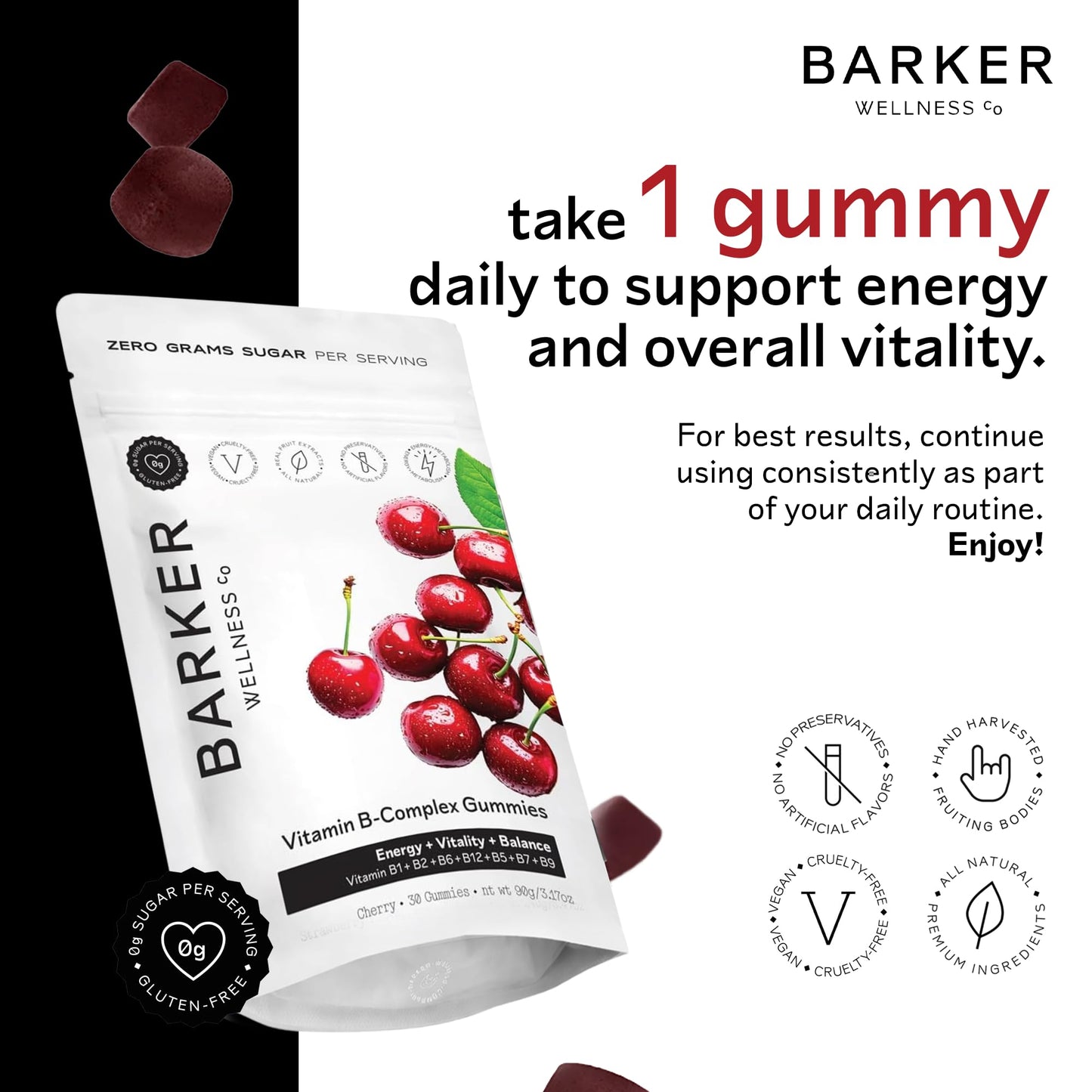 Barker Wellness Vegan B-Complex Gummies – Comprehensive Energy & Metabolism Boost with B1, B5, B6, B7 Biotin, B9 Folate, B12