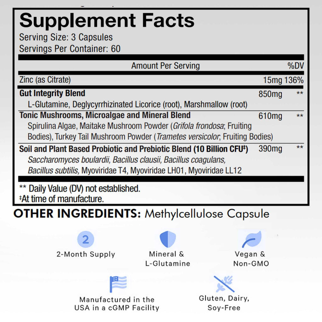 Codeage Gut Health Supplements Vegan Formula - L Glutamine, Zinc, Turkey Tail Mushroom Powder, Tonic Mushroom, Maitake, Micro Algae, Mineral, Licorice Root DGL - Probiotics, Prebiotics - 180 Capsules CodeageBuy Supplements Australia