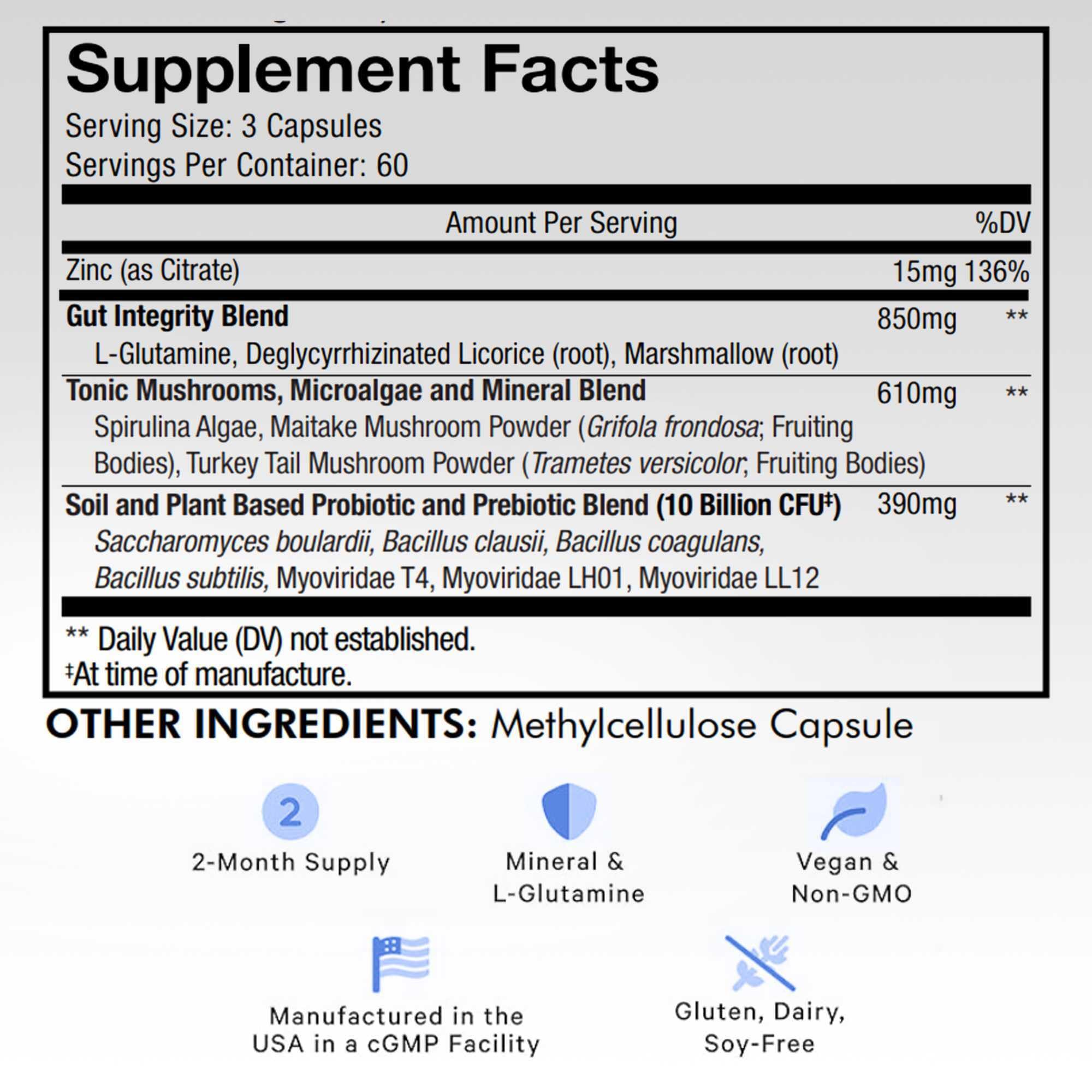 Codeage Gut Health Supplements Vegan Formula - L Glutamine, Zinc, Turkey Tail Mushroom Powder, Tonic Mushroom, Maitake, Micro Algae, Mineral, Licorice Root DGL - Probiotics, Prebiotics - 180 Capsules CodeageBuy Supplements Australia