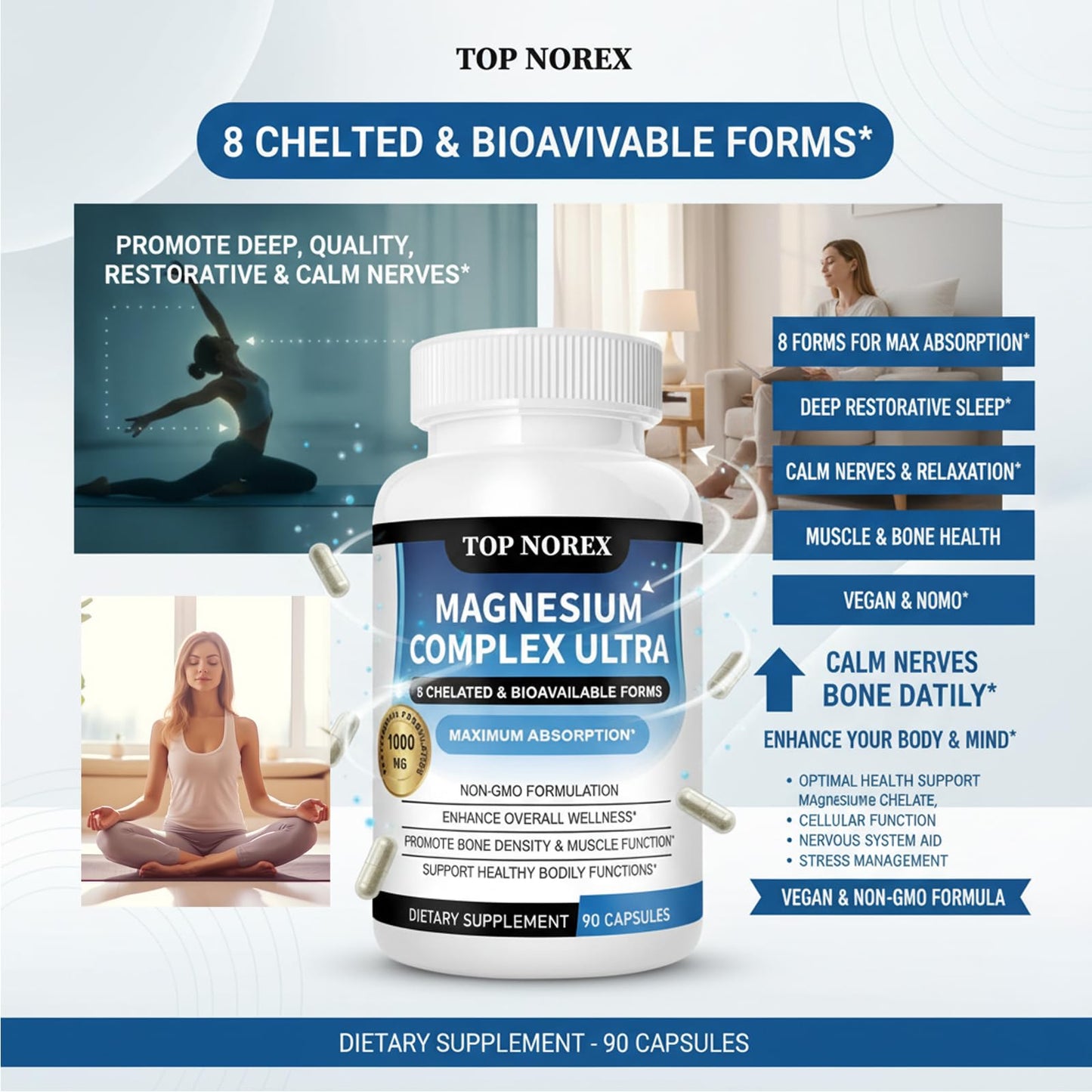 Top Norex Magnesium Complex Ultra - 8 Elemental 1000mg Magnesium Blend, Easy Absorption, 90 Capsules (1) Top Norex buy supplements Au