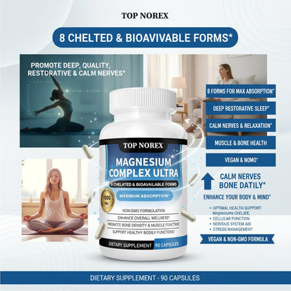 Top Norex Magnesium Complex Ultra - 8 Elemental 1000mg Magnesium Blend, Easy Absorption, 90 Capsules (1) Top Norex buy supplements Au