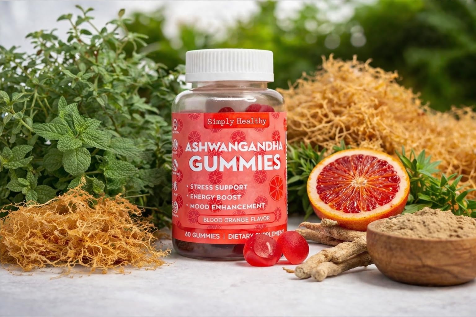 Bottle of Ashwangandha gummies with ingredients on a natural background
