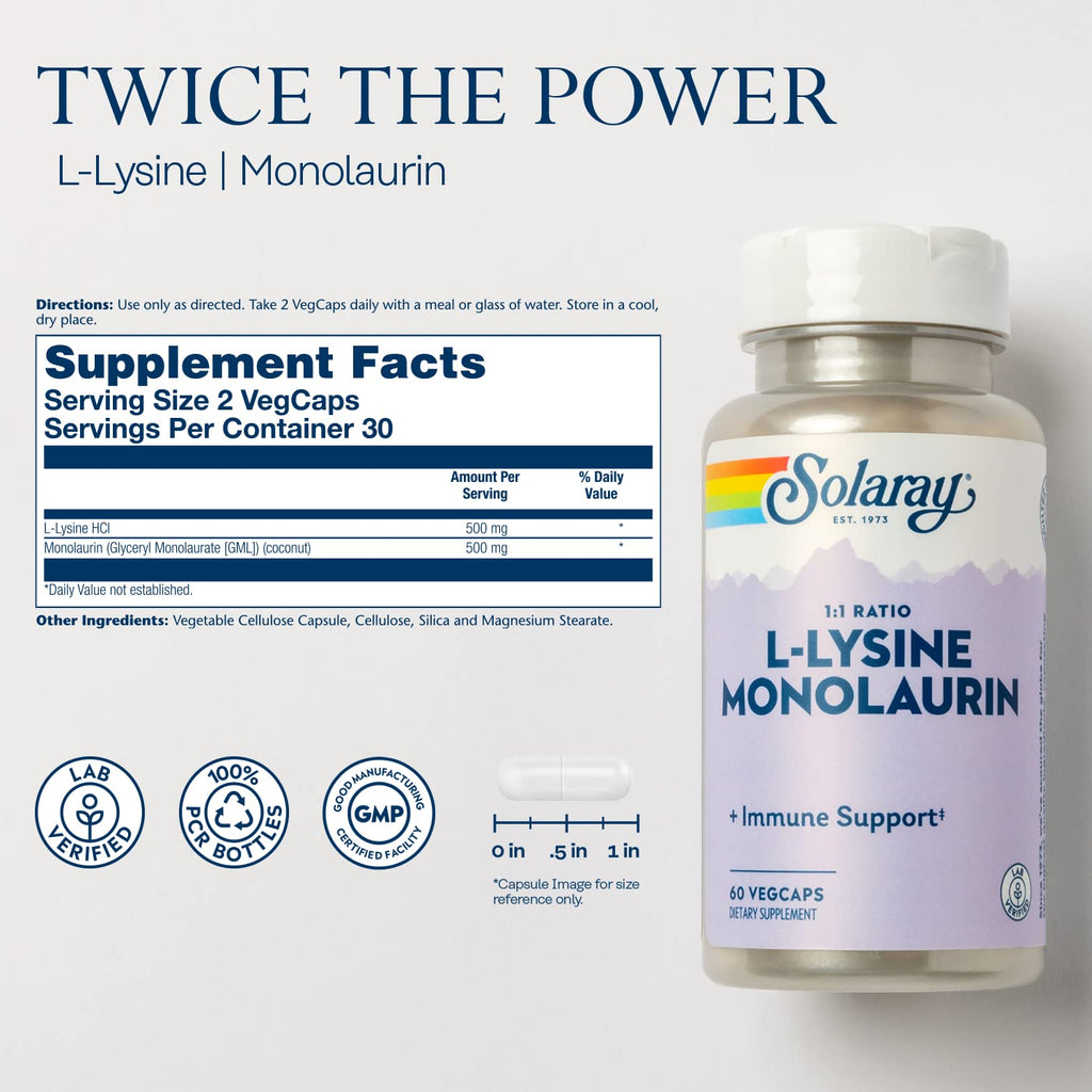 SOLARAY L-Lysine Monolaurin Immune Support Supplement, 1:1 Ratio for Immune System Function, 500 mg Each, 60-Day Money Back Guarantee