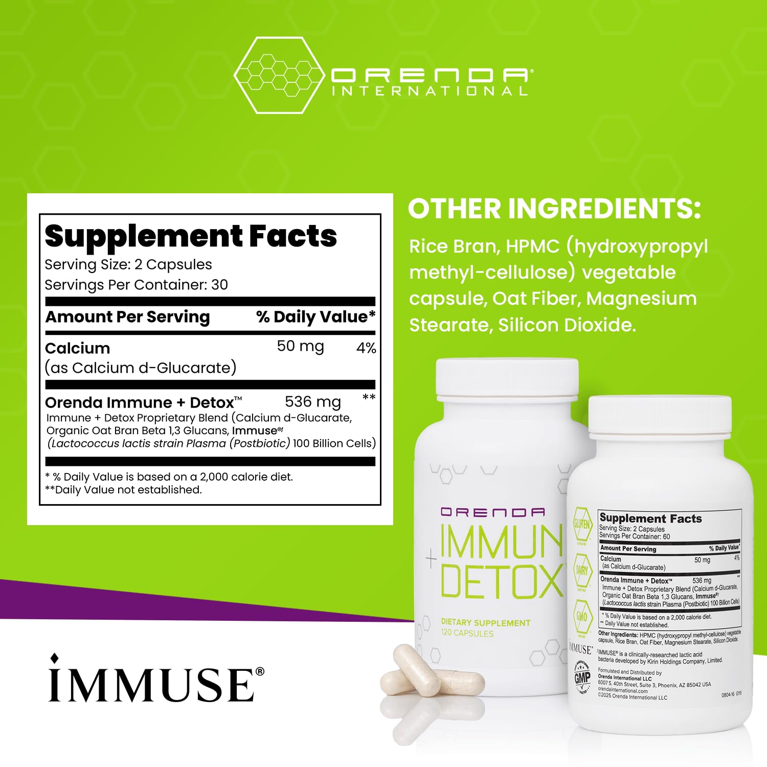 Orenda Immune + Detox - Specialized Formula with Calcium d-Glucarate, Beta 1,3 Glucans & IMMUSE® for Wellness and Balance - 120 Capsules