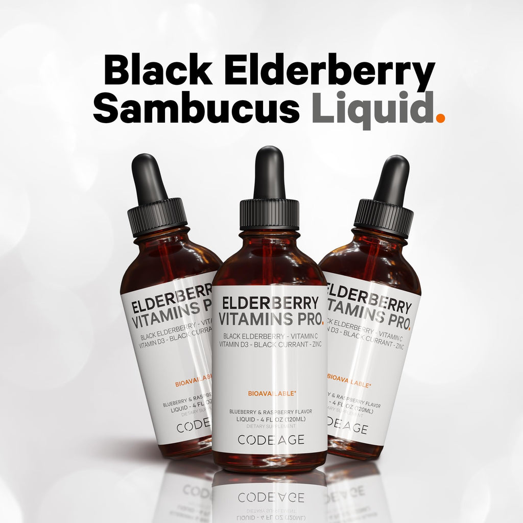 Codeage Elderberry Vitamins Pro - Organic Black Elderberry Liquid Drops - Vitamin C, D3, Zinc, Black Currant - 2-Month Supply - Black Sambucus Liquid - Supplement for Adults & Kids - 4 fl oz CodeageBuy Supplements Australia