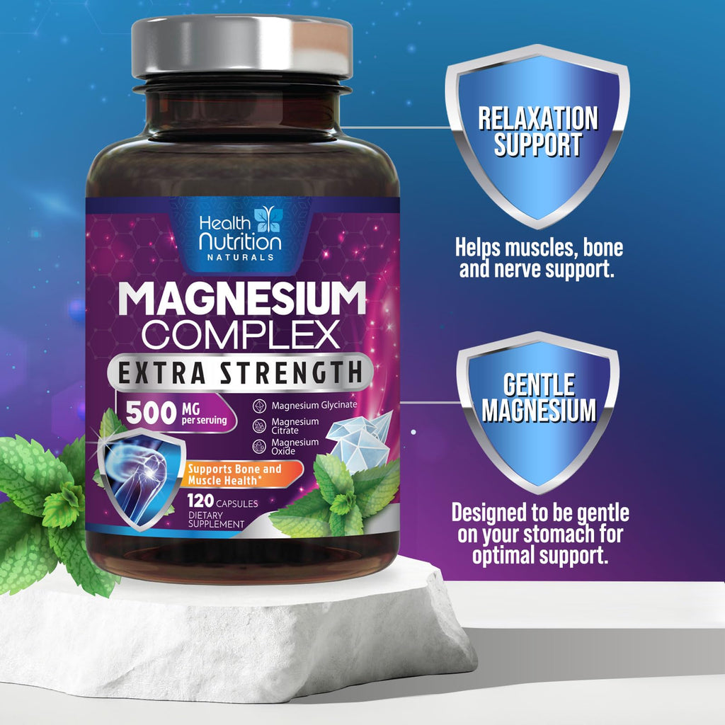 Magnesium Complex Capsules - 500mg per Serving Magnesium - High Absorption Chelated Mineral Supplement - with Oxide, Glycinate, Malate, Citrate for Muscle Bone and Heart Health Support - 120 Capsules Health Nutrition Naturals buy supplements Au