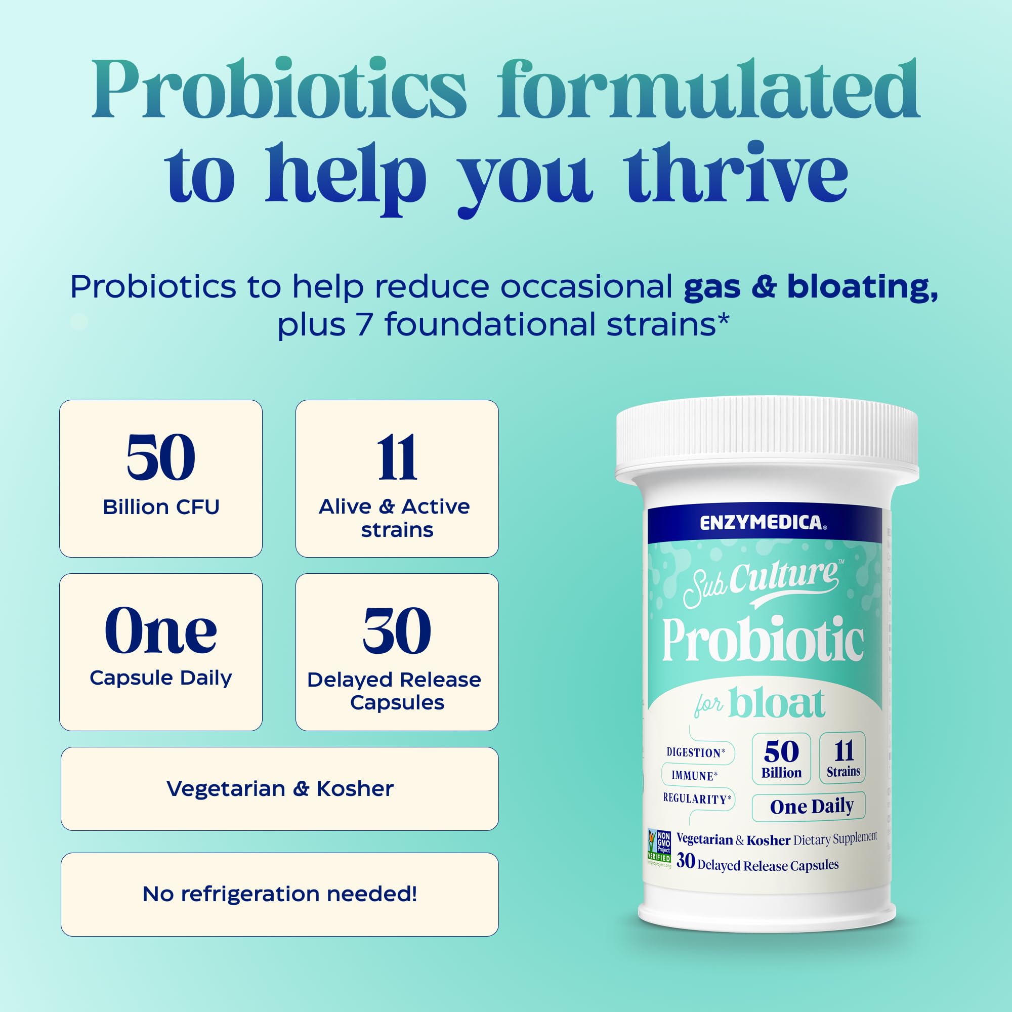 Enzymedica SubCulture Probiotic for Bloat & Digestive Health - Probiotic Supplement Capsules for Women & Men, 50 Billion CFU, Gut Health Support for Adults,