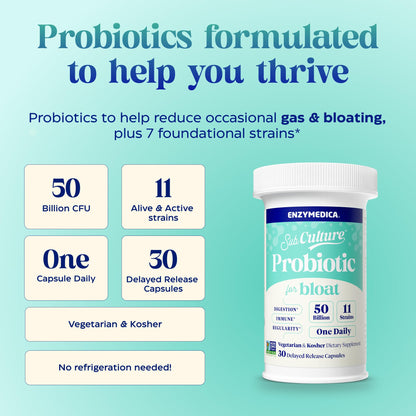 Enzymedica SubCulture Probiotic for Bloat & Digestive Health - Probiotic Supplement Capsules for Women & Men, 50 Billion CFU, Gut Health Support for Adults,