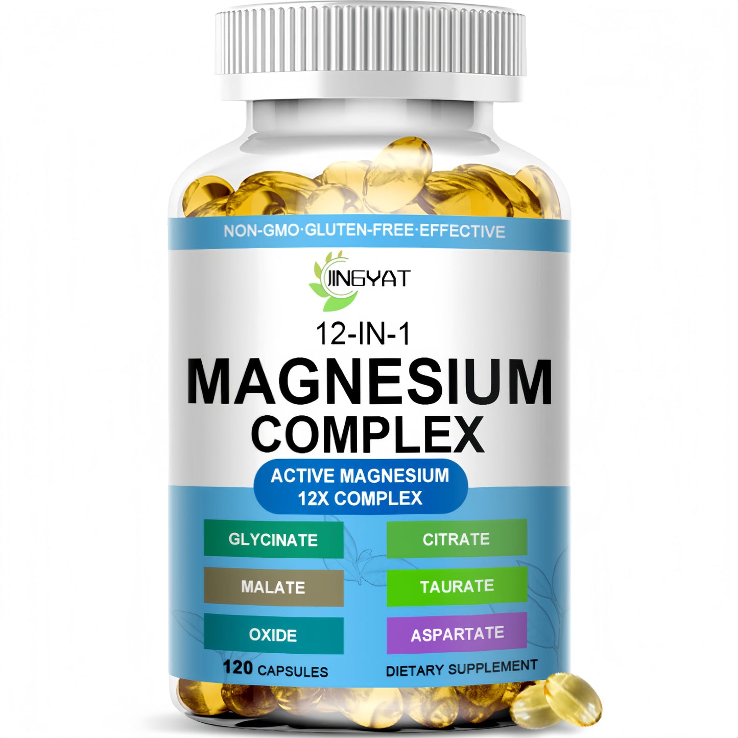 Bottle of magnesium complex supplement with visible label on a white background