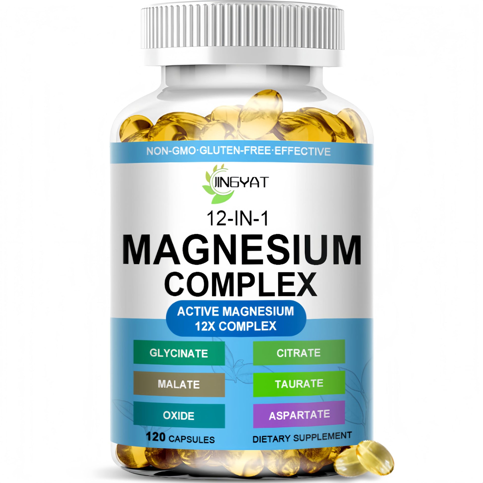 Bottle of magnesium complex supplement with visible label on a white background