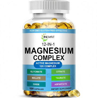 Bottle of magnesium complex supplement with visible label on a white background