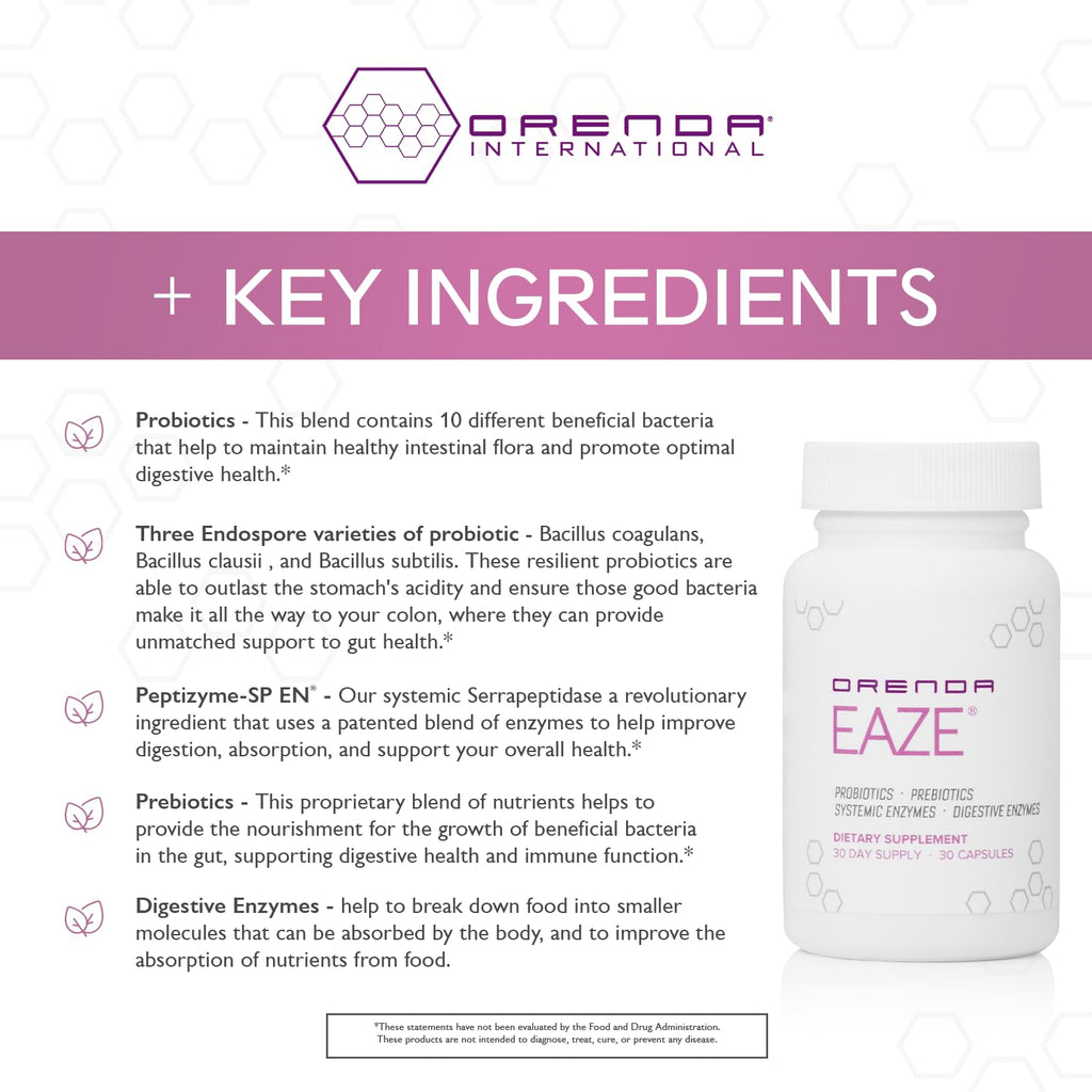 Orenda Eaze®: Gut Wellness Capsules | 6-in-1 Digestive Support with Probiotics, Endospores, Peptizyme-SP EN, Prebiotics, and Digestive Enzymes