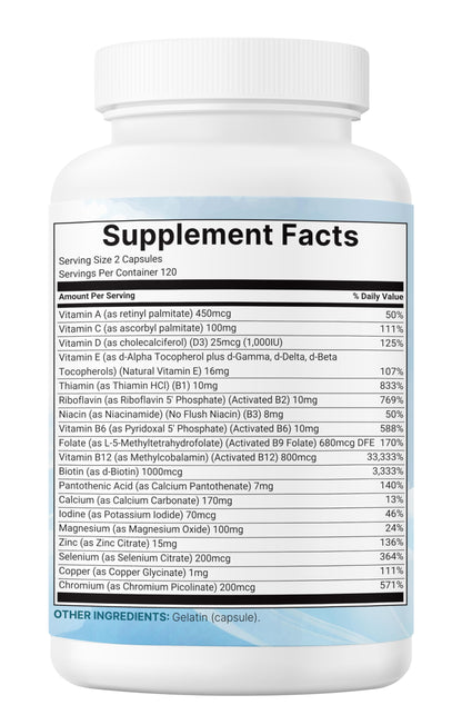 Micro Ingredients Pure Methylated Multivitamin, 240 Capsules | 19-in-1 Formula with Vitamins C, D, B12, Folate, Magnesium