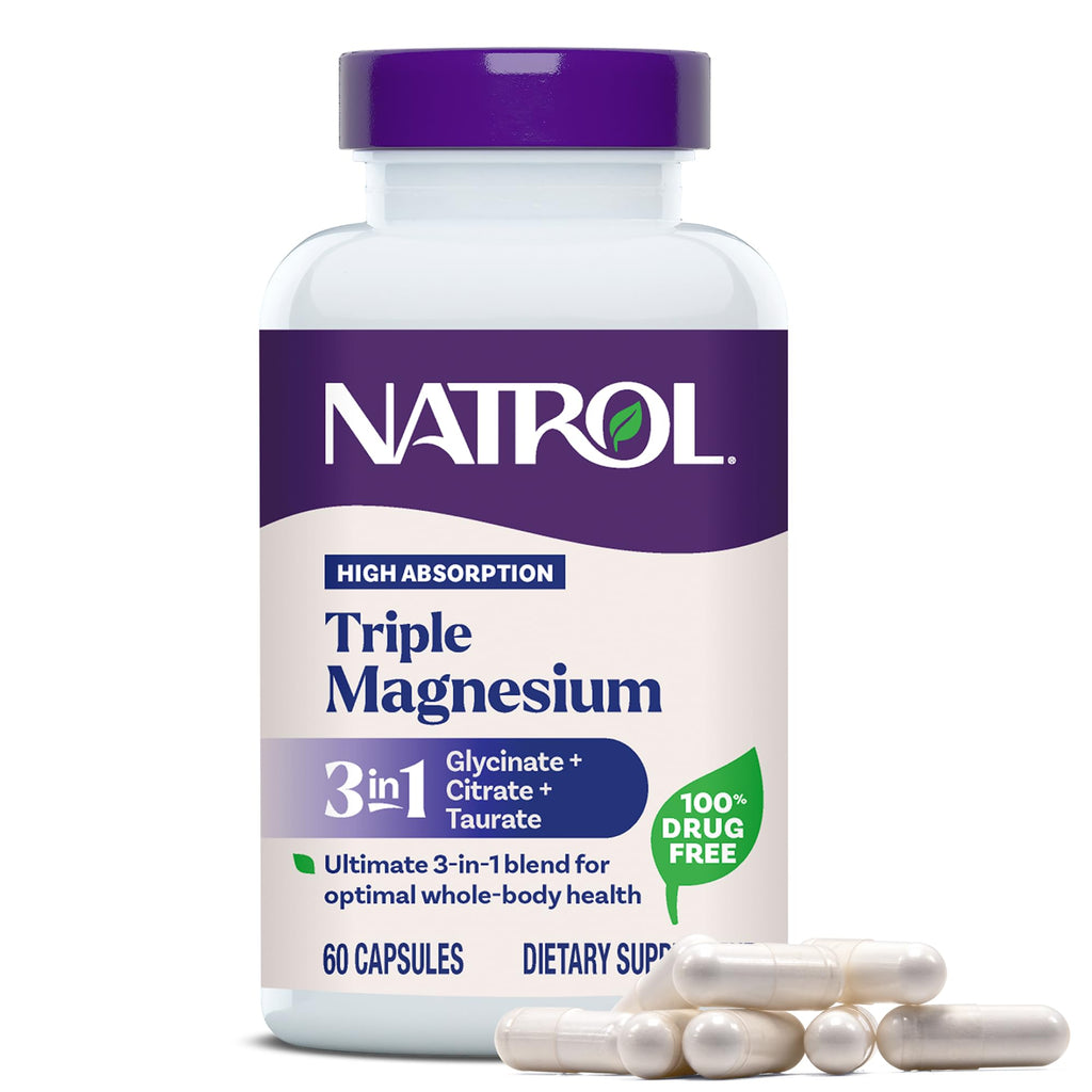 Natrol Triple Magnesium dietary supplement bottle with capsules on a white background