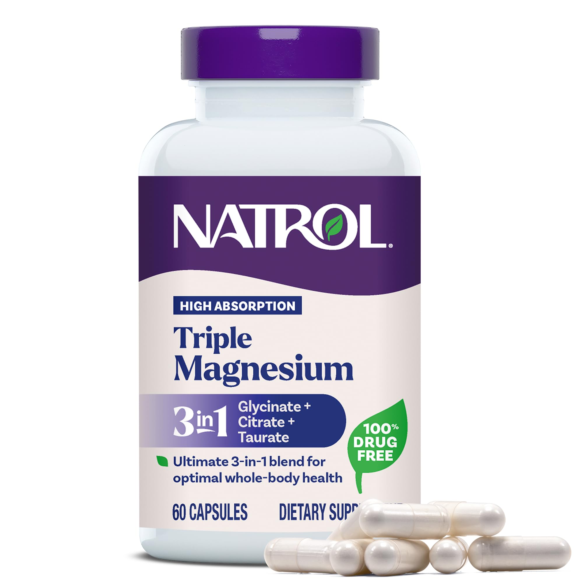 Natrol Triple Magnesium dietary supplement bottle with capsules on a white background
