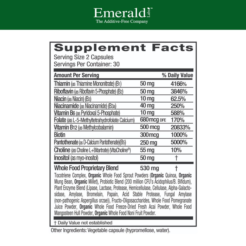 EMERALD LABS B-Healthy - Vegan Vitamin B Complex - Includes Methylated Folic Acid & Full Spectrum B Vitamins - Supports Immune, Brain & Heart Health* - 60 Vegetable Capsules