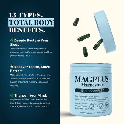 Magnesium Glycinate Complex Supplement, 900mg – 13-in-1 Magnesium L-Threonate, Citrate, Taurate & Malate for Women & Men – Liposomal Chelated Formula – Sleep, Muscle & Brain Support – 90 Capsules Plus+Ultra buy supplements Au