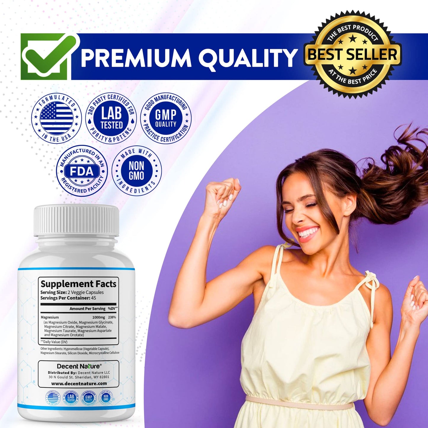 Magnesium Complex 7 Elemental Magnesium Supplement 1000mg – Magnesium Glycinate, Citrate, Malate, Taurate, Oxide, Aspartate, Orotate Non-GMO 90 Capsules DECENT NATURE buy supplements Au