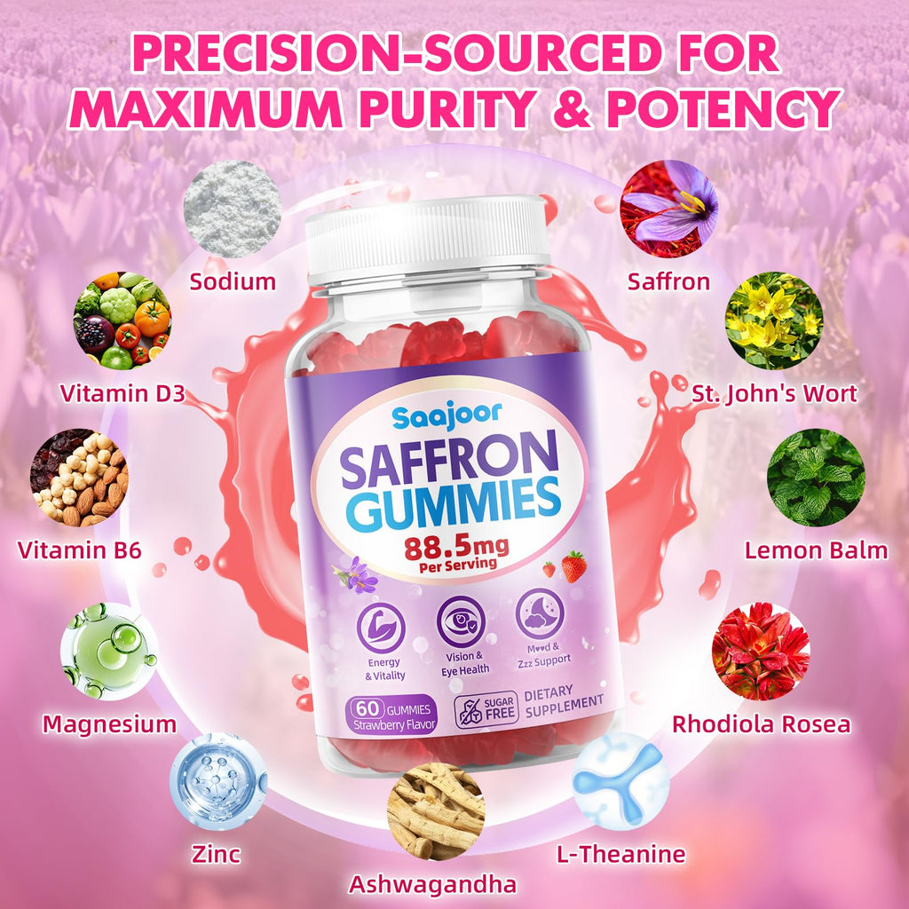 Saffron Gummies for Adult Kids - with Saffron 88.5mg, Vitamins D3 & B6, Magnesium, Zinc, Ashwagandha, L - Theanine, St. John's Wort - Supports Mood & Focus, Strawberry Flavor, 120 Count SaajoorBuy Supplements Australia