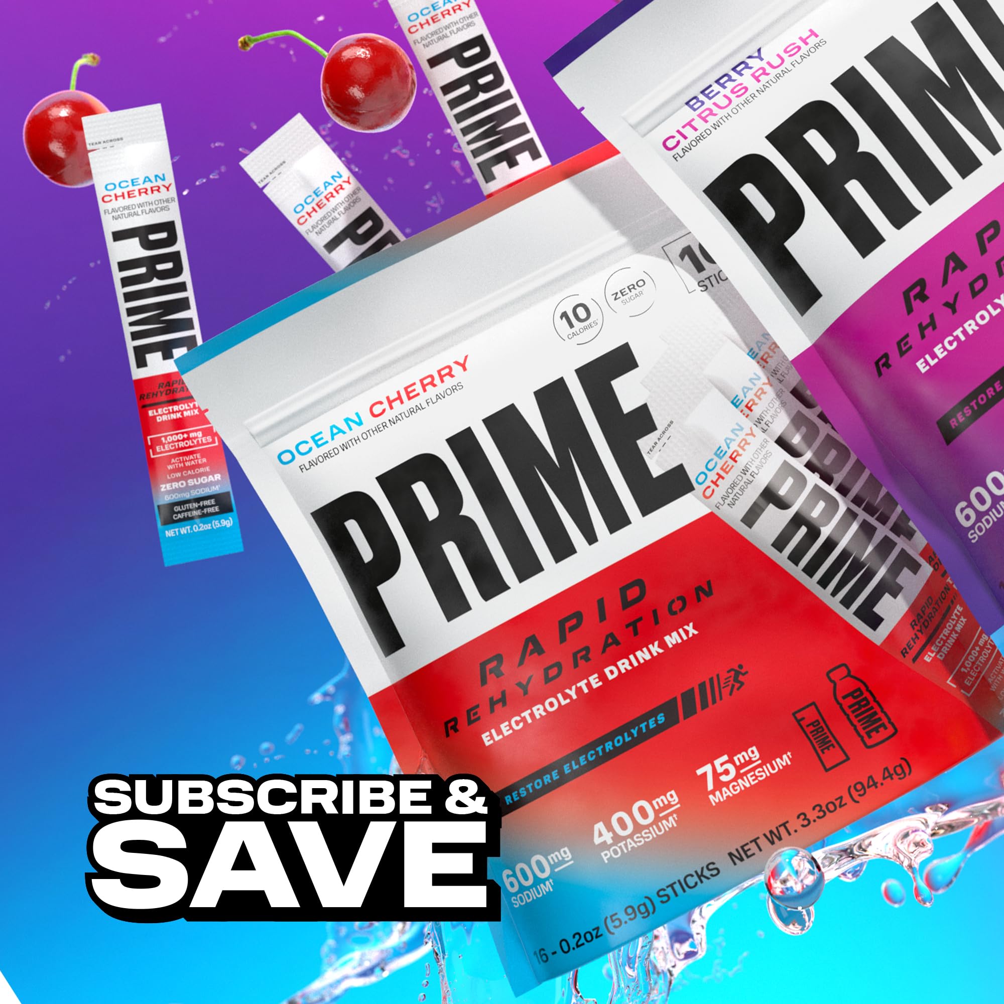 Prime Rapid Rehydration Electrolyte Powder Sticks, Ocean Cherry, Sugar Free Hydration Drink Mix with Sodium, Potassium, Magnesium & B Vitamins