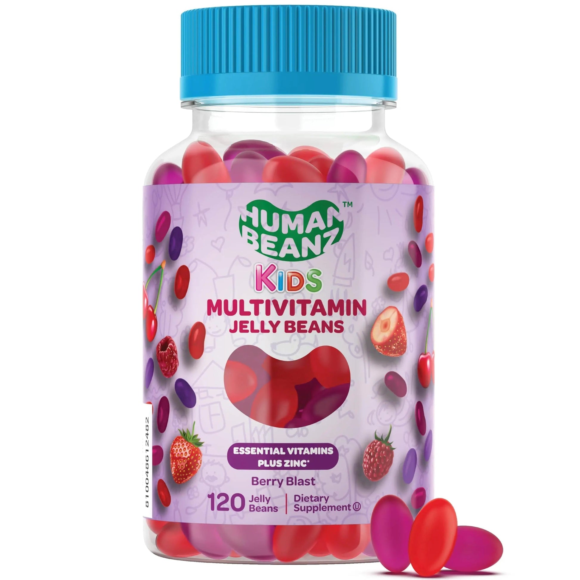 Human Beanz Multivitamin Jelly Bean Gummies with Zinc for Kids, Immune Support Dietary Supplements, Vegetarian, 120 Berry Blast Jelly Beans, Kosher Human Beanz