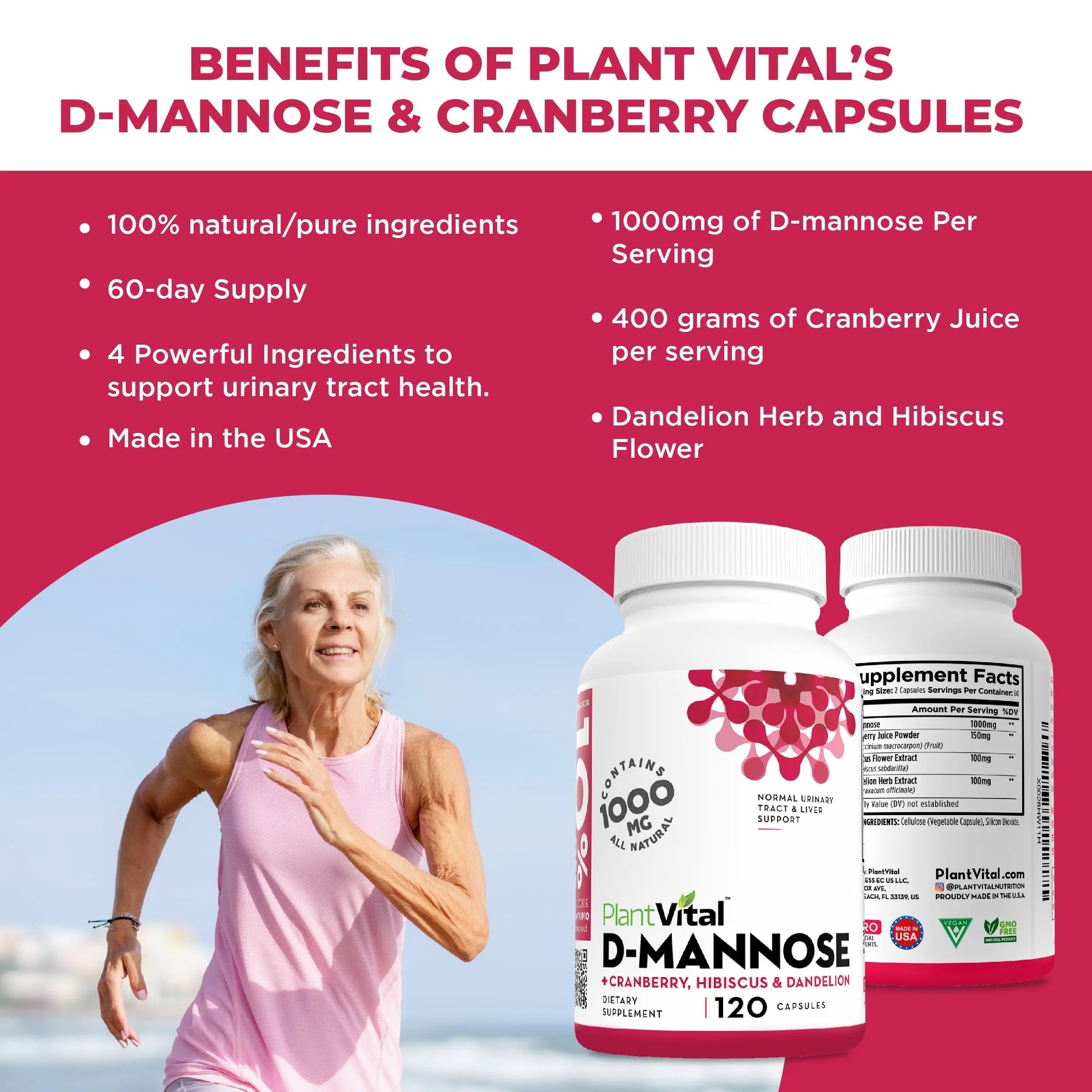 Plantvital D Mannose Capsules with Cranberry - D-mannose 1000mg Capsules - High Potency for Bladder, Kidney and Urinary Tract Support. Cranberry Powder with Hibiscus and Dandelion. 2 Months Supply PlantvitalBuy Supplements Australia