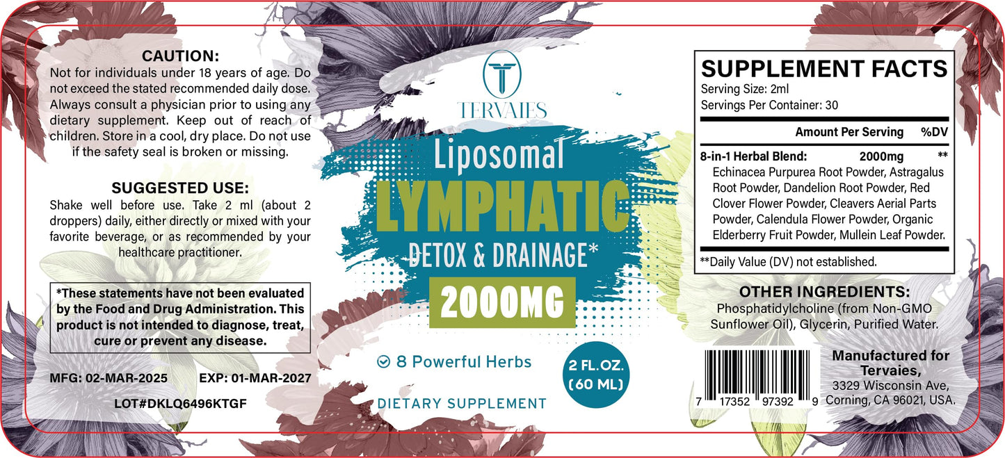 Tervaies Liposomal Lymphatic Drainage Drops 2000mg – Herbal Blend with Elderberry & Echinacea – 2 FL OZ Tervaies buy supplements Au