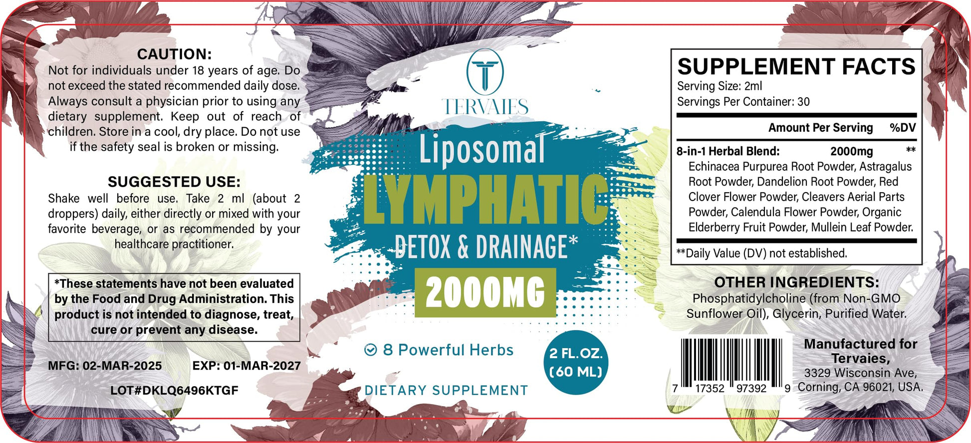 Tervaies Liposomal Lymphatic Drainage Drops 2000mg – Herbal Blend with Elderberry & Echinacea – 2 FL OZ Tervaies buy supplements Au