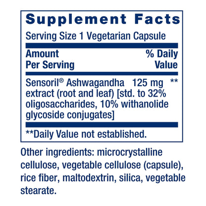 Supplement facts label for Sensoril Ashwagandha capsules on a white background