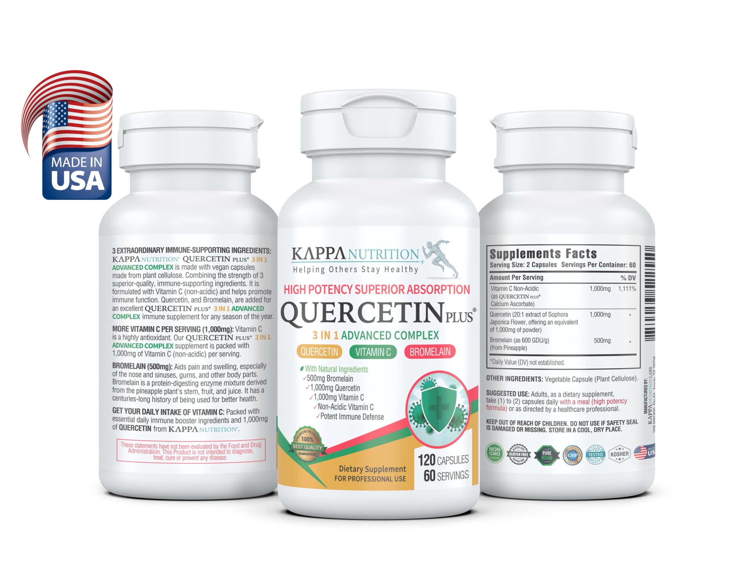 QUERCETIN PLUS, Quercetin 1,000mg, Bromelain 500mg and Vitamin C 1,000mg, (120 Capsules), 3 in 1 from Bioflavonoids, Supports Immune, Cardiovascular & Respiratory Health, Seasonal Allergy Relief. KAPPA NUTRITIONBuy Supplements Australia