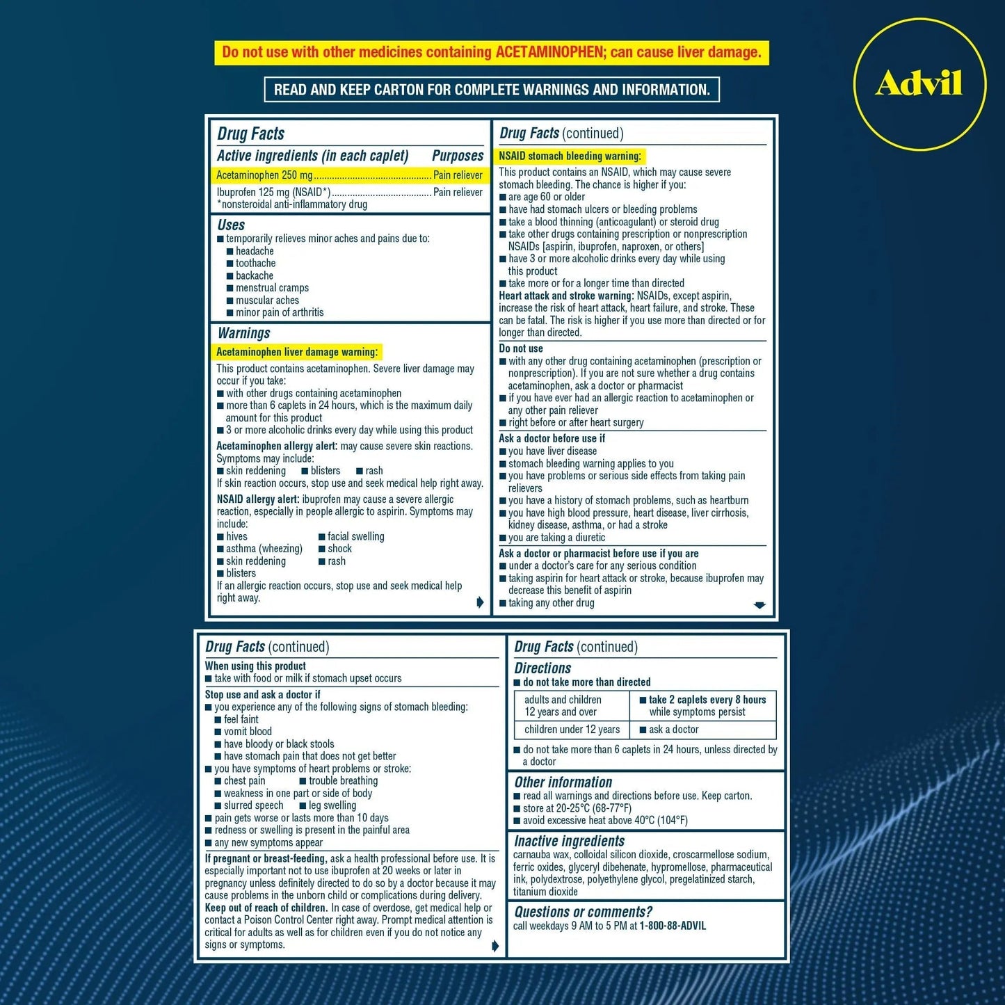 Advil Dual Action Coated Caplets, 125 Mg Ibuprofen and 250 Mg Acetaminophen per Dose (2 Dose Equivalent) for 8 Hour Pain Relief - 216 Count AdvilBuy Supplements Australia