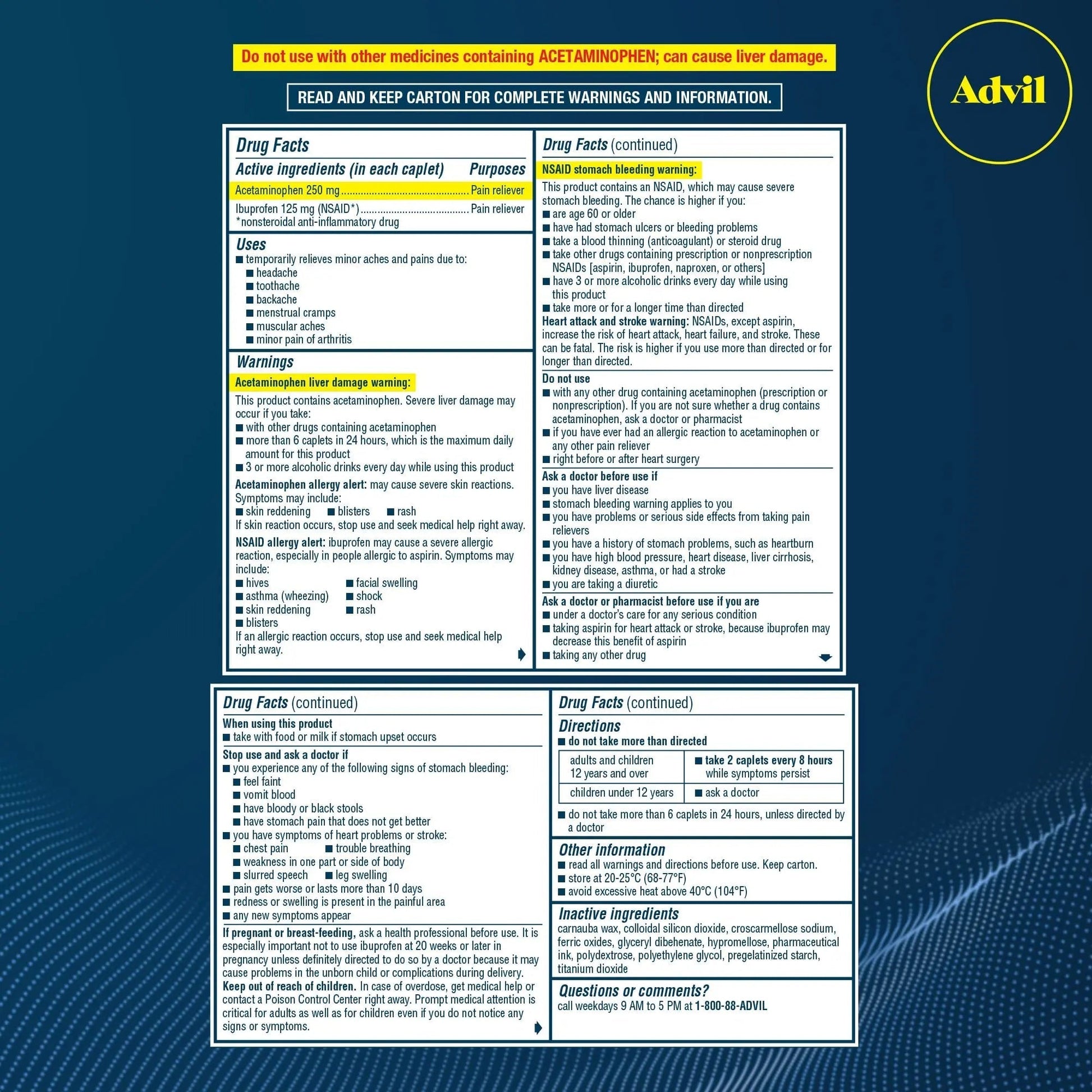 Advil Dual Action Coated Caplets, 125 Mg Ibuprofen and 250 Mg Acetaminophen per Dose (2 Dose Equivalent) for 8 Hour Pain Relief - 216 Count AdvilBuy Supplements Australia