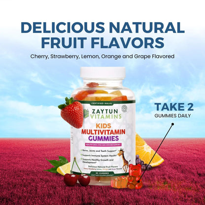 Zaytun Halal Vitamins for Kids Multivitamin Gummies, Naturally Sourced Vitamin A, C, D, E, B6, B12, Biotin - Vegetarian, No Gelatin Zaytun Vitamins