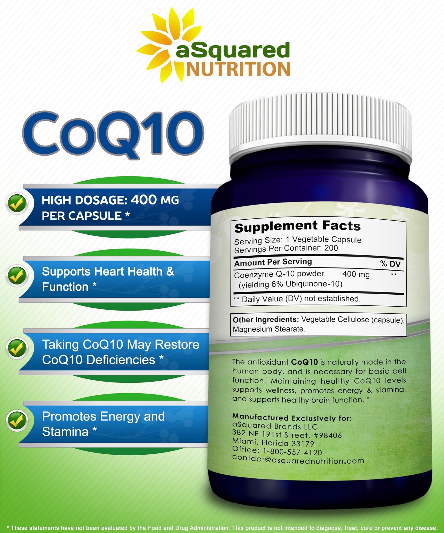 aSquared Nutrition CoQ10 (400mg Max Strength, 200 Capsules) - High Absorption Vegan Coenzyme Q10 Powder - Ubiquinone Supplement Pills, Extra Antioxidant CO Q-10