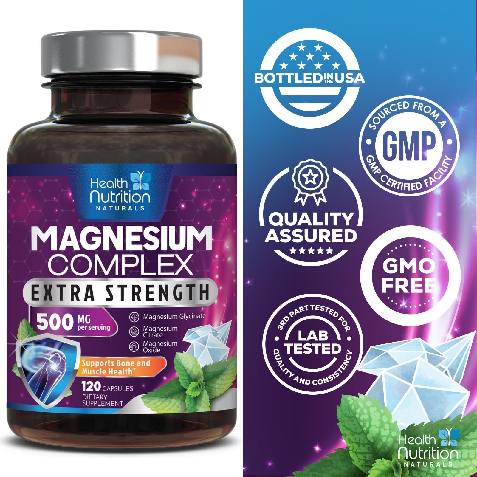 Magnesium Complex Capsules - 500mg per Serving Magnesium - High Absorption Chelated Mineral Supplement - with Oxide, Glycinate, Malate, Citrate for Muscle Bone and Heart Health Support - 120 Capsules Health Nutrition Naturals buy supplements Au
