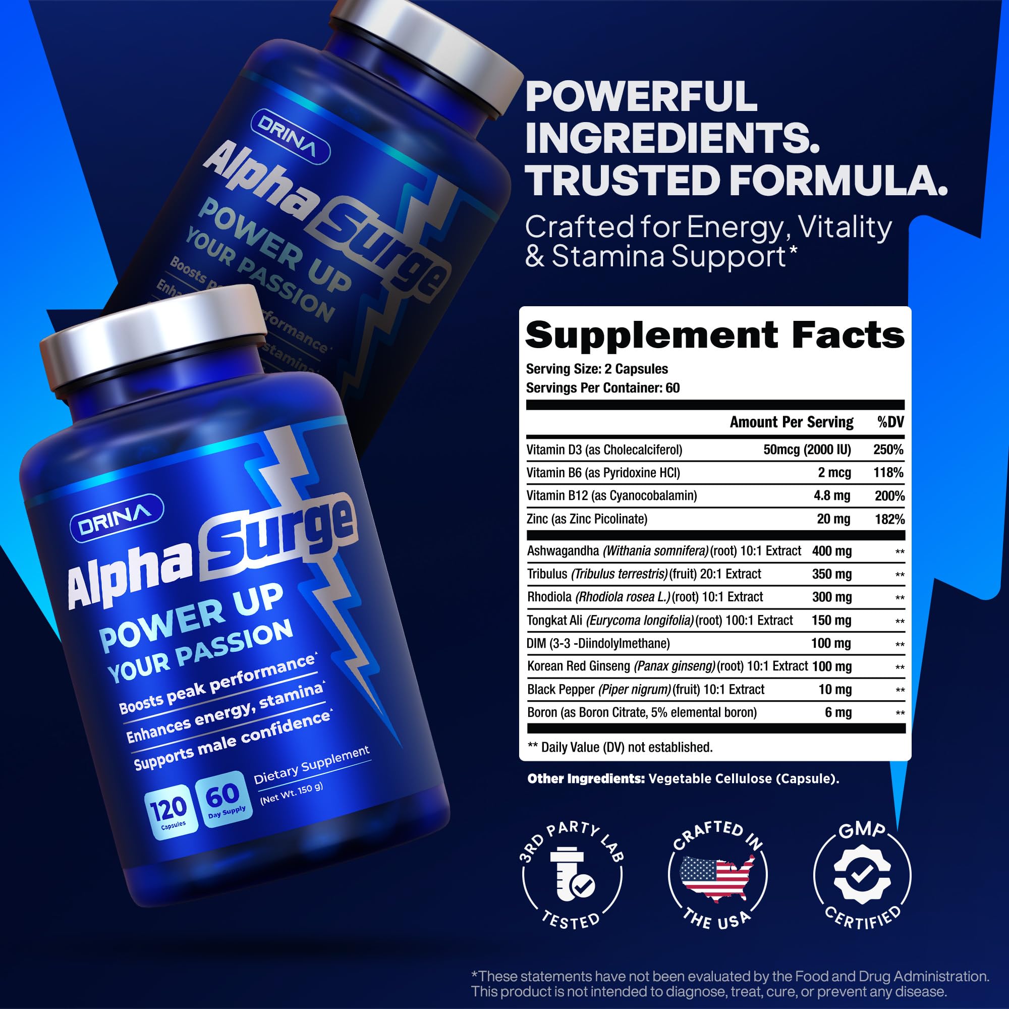 Pills for Men Fast Acting - Male Enhancing Supplement Testosterone Booster - Blood Flow, Libido, Size, Girth, Hardness, Stamina, Enlargement, Growth - Natural Performance Enhancer - 2 Month Supply DRINA buy supplements Au