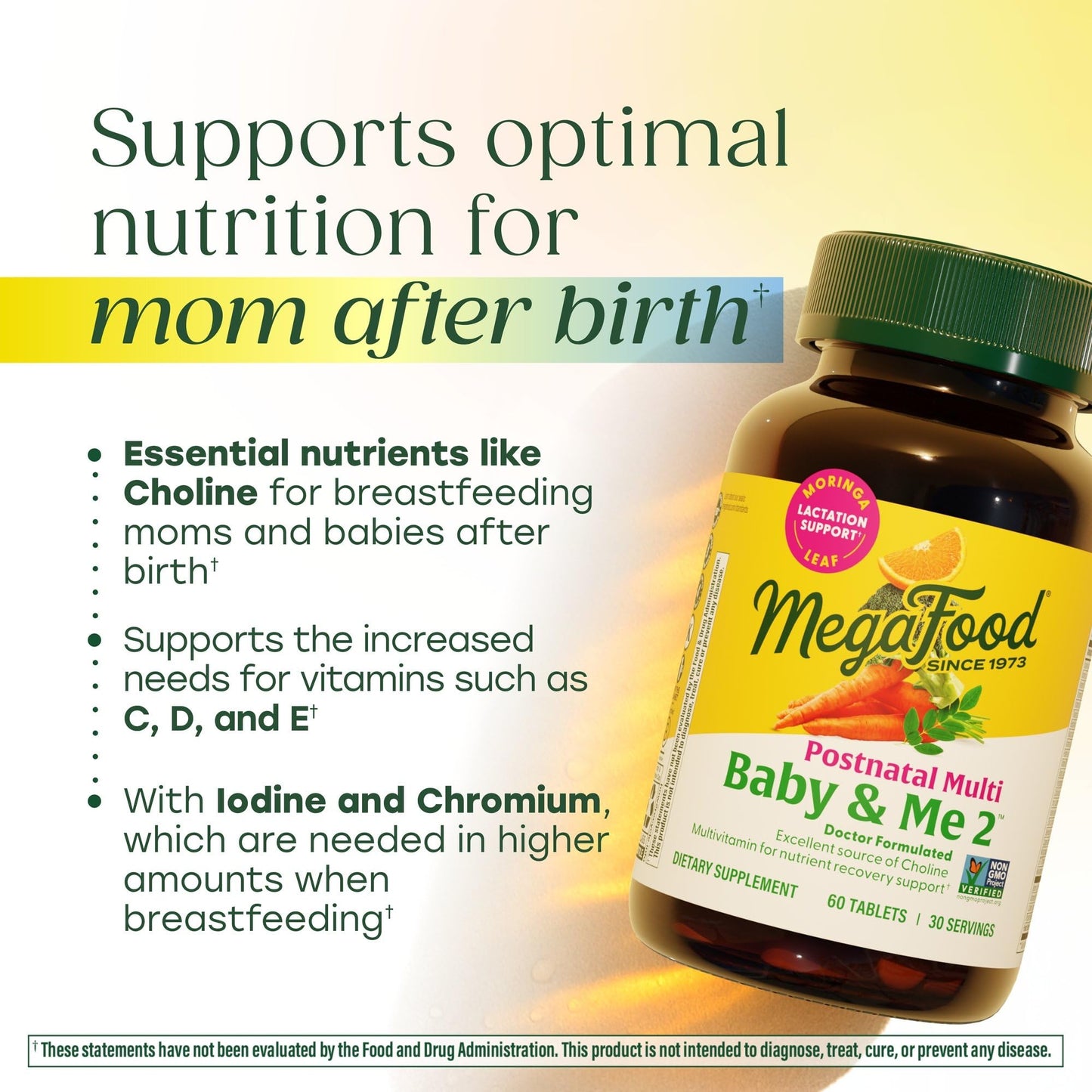 MegaFood Baby & Me 2 Postnatal Vitamins for Women Breastfeeding with Folate (Folic Acid Natural Form), Choline, Iodine, Vitamin D